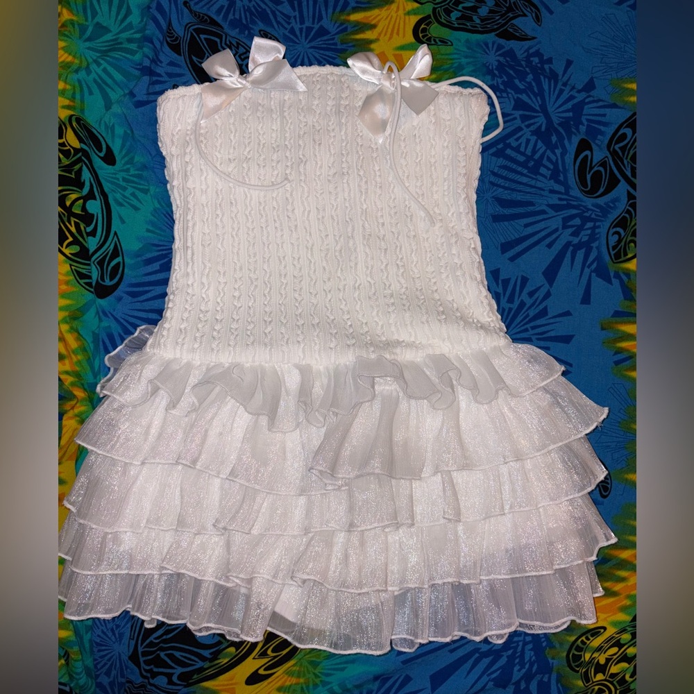 SHEIN Y2k Fall White Women Dresses Bustier Bow Decor Ruffle Hem Bodycon Dress💟